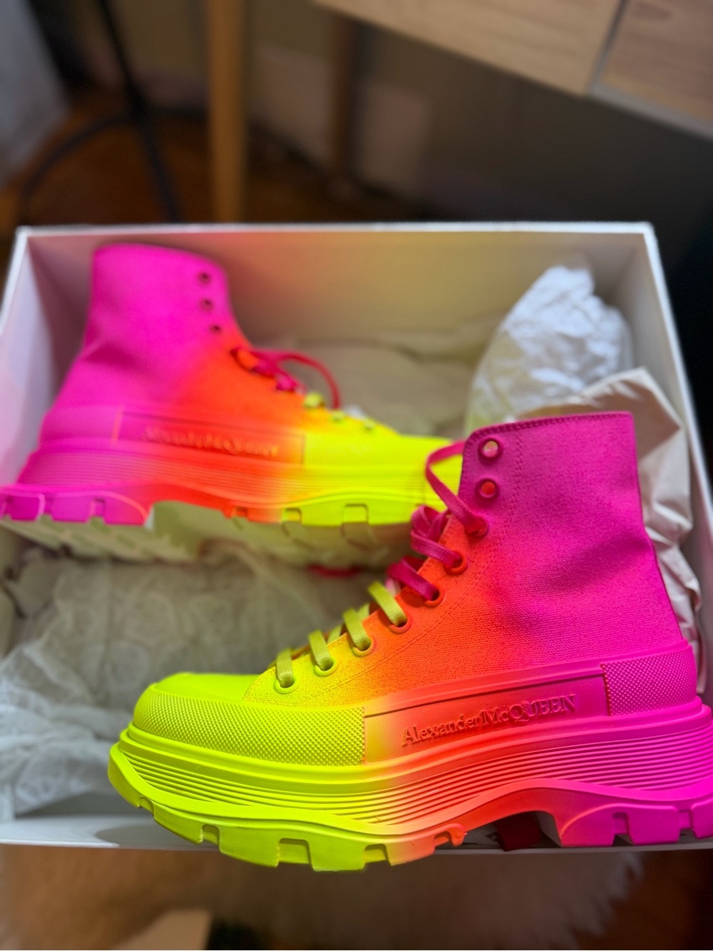 Alexander McQueen Neon Pink and Neon Yellow Platform Booties